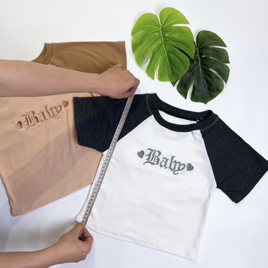 Áo Croptop Ôm Body Nữ BABY THÊU Cổ Tròn Tay Ngắn, Áo Thun Croptop Kiểu Sexy Thêu Họa Tiết chất thun gân dày dặn loại 1