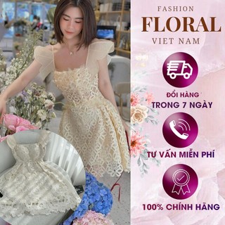 Đầm ren nữ 2 dây ôm body thiết kế FLORAL DESIGN chất ren nổi dáng chữ A dáng xòe ôm eo  vai bèo phối voan Free size S M