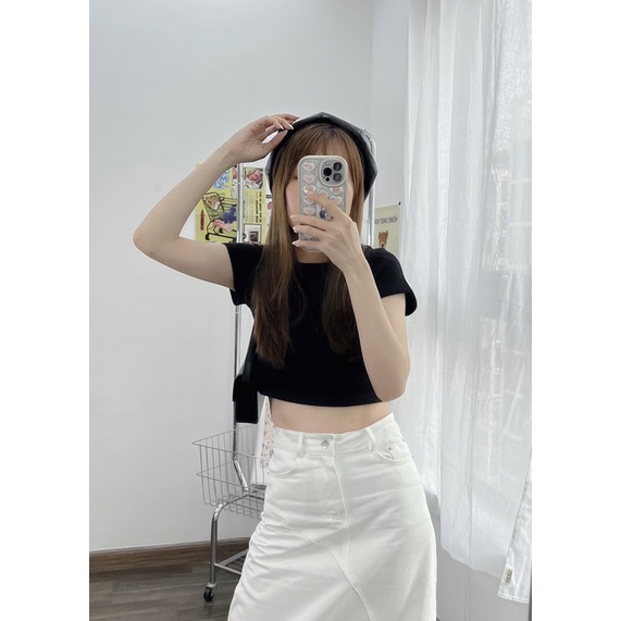 Áo croptop thun gân ôm tay ngắn cổ tròn kiểu trơn basic Fizy Top - Sibling House
