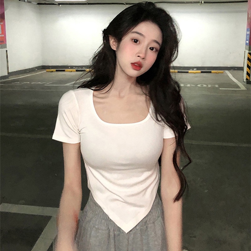 Áo thun cổ vuông ngắn tay dáng ôm thời trang mùa hè dành cho nữ Hx084