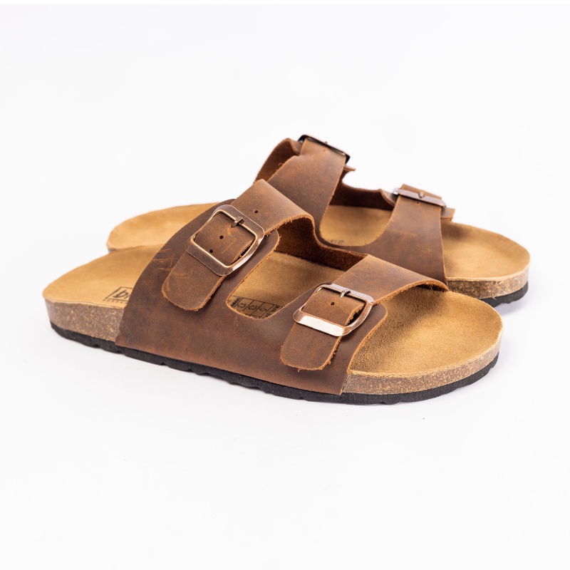 ( Mẫu Da Thật ) D01 - Dép Birken Đế Trấu BIOLINE Official Thiết Kế Unisex Hai Quai Ngang Có Khóa Da Bò