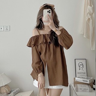 Áo trễ vai tơ bèo ngực, 2 dây xẻ vạt trước tiểu thư