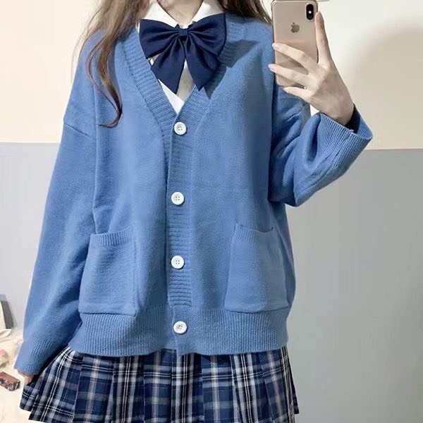 Áo khoác len Cardigan nữ dài tay cài cúc kèm túi dễ thương phong cách học sinh JK Nhật Bản A00075
