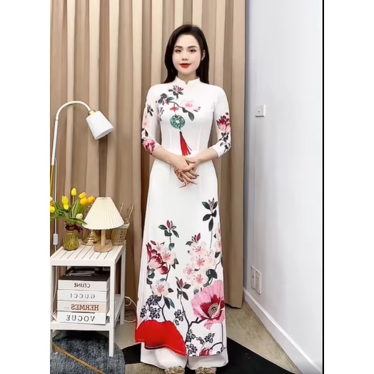 D33- ÁO DÀI TRUYỀN THỐNG MÀU TRẮNG IN 3D, ÁO DÀI NHÀ TẤM