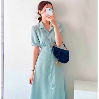 Đầm sơ mi basic tay bo cột eo màu trắng mint xanh biển