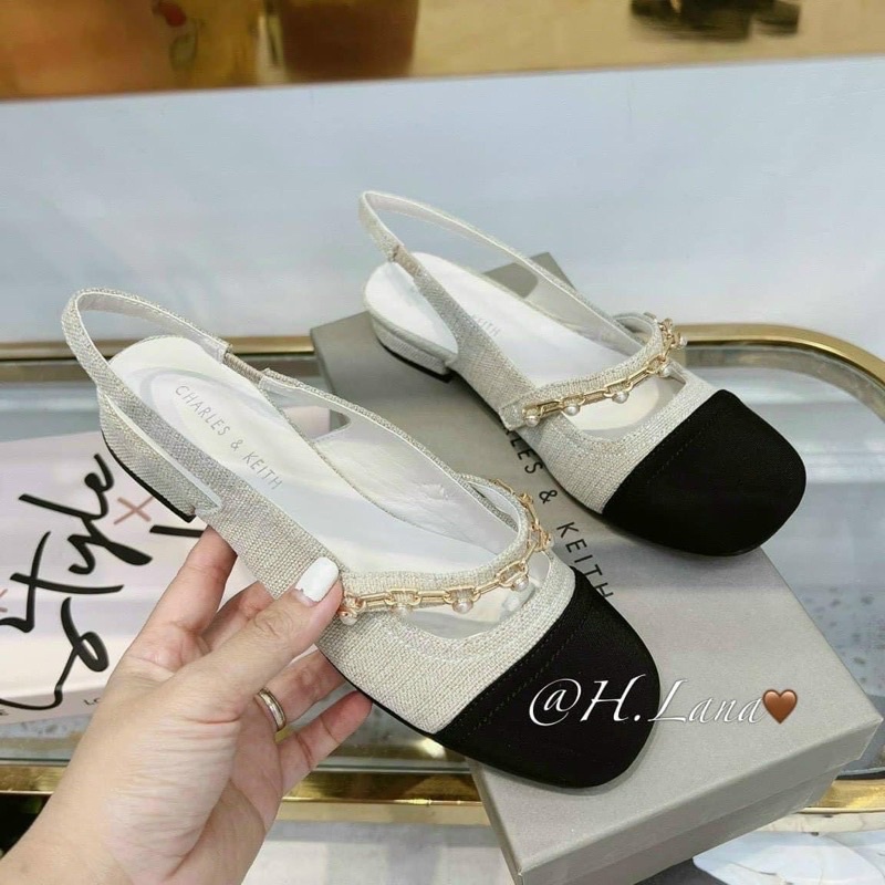 giày bệt nữ dây xích ngọc bít mũi hở gót 2cm hàng vnxk