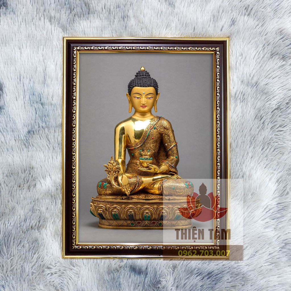 Tranh Phật Dược Sư Mật Tông Thangka  treo tường 36x48cm bằng vải phủ bóng, khung composite xịn xò