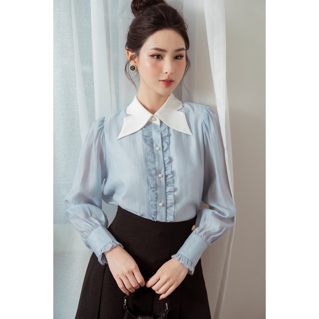 Áo sơ mi cổ đức cánh lượn nẹp bèo cao cấp TIINSTORE AHD715