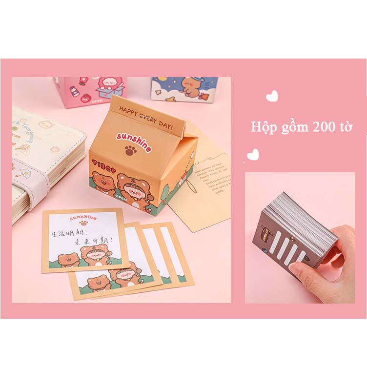 Bộ giấy note hình hộp sữa nhiều hình gấu thỏ dễ thương xinh xắn (200 tờ)