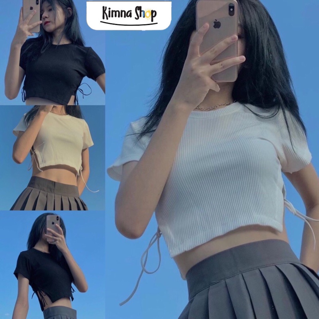 Áo Croptop Dây Eo Cổ Tròn Tay Ngắn - Áo Thun Tăm Croptop