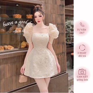 [MERR002] Đầm Hoa Hồng Đính Đá Tay Bồng Sang Chảnh | MERRCHUYENVAY