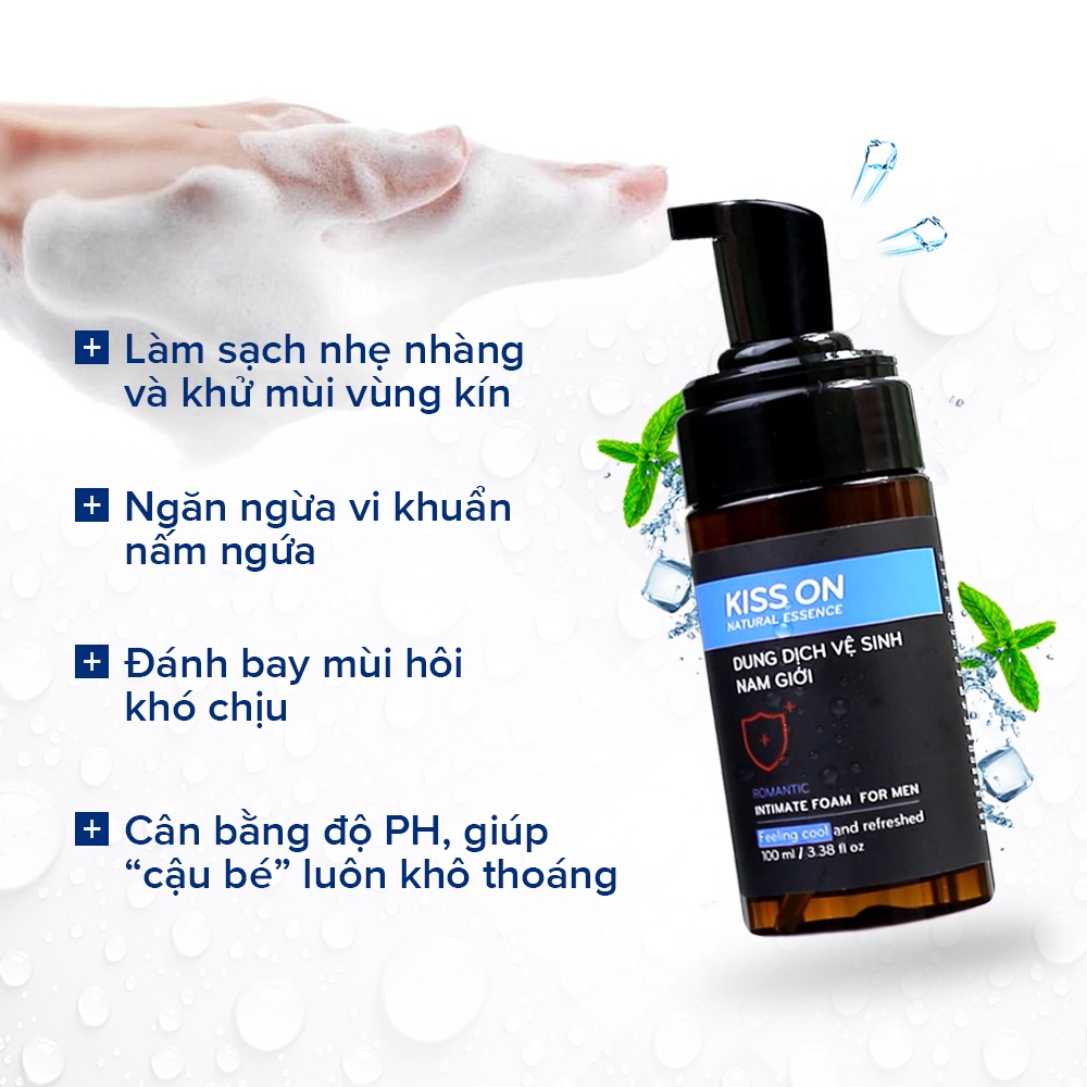 Dung dịch vệ sinh nam giới tạo bọt Kiss On 100ml, ddvs bạc hà tươi mát giúp làm sạch sâu, diệt khuẩn, khử mùi 24h.