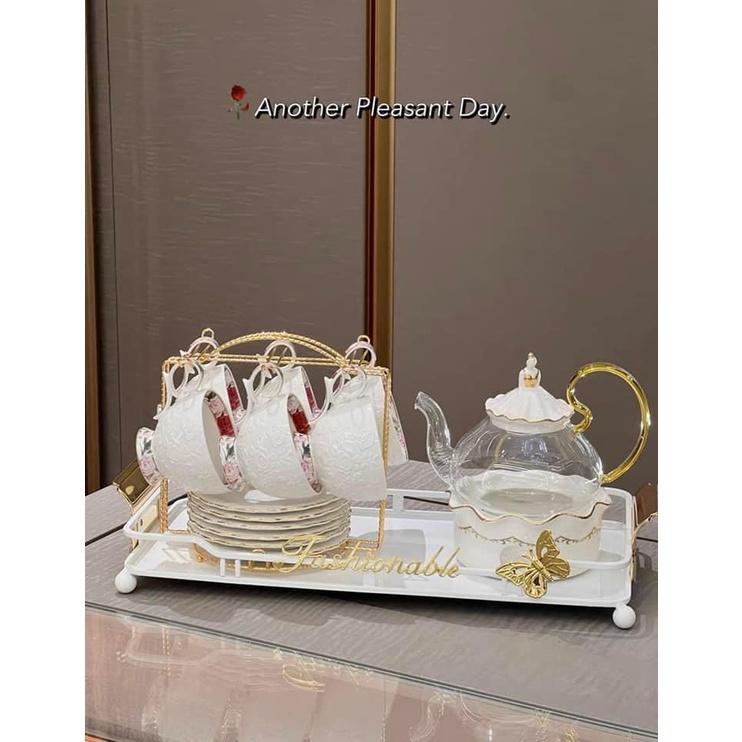 Bộ ấm trà chịu nhiệt kèm khay, đế đun, giá treo và đĩa kê cao cấp. ấm chén pha trà cao cấp. ấm pha trà thuỷ tinh