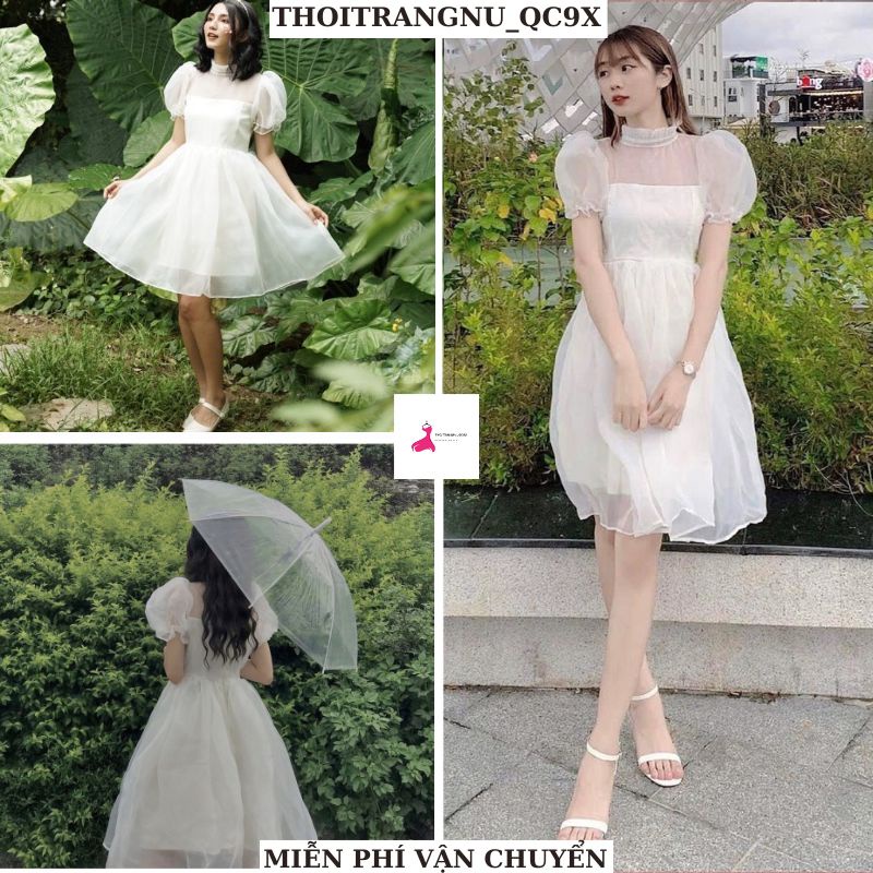 Đầm trắng công chúa voan tơ 2 lớp cổ xếp ly tay bồng- váy babydoll dáng xòe tiểu thư dự tiệc đi chơi dễ thương hàn quốc