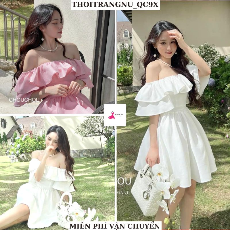 Váy trễ vai bèo tầng - đầm Công chúa xòe bồng bềnh vải voan 2 lớp về màu đen hồng be trắng phong cách hàn quốc