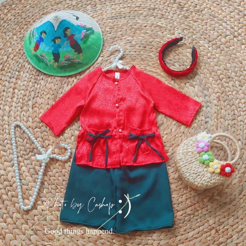 Set áo bà ba gấm túi nơ + quần lụa cho bé gái