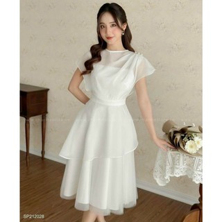 Váy đầm nữ dự tiệc chất liệu voan chifon chiết eo phối tầng sang trọng cho các nàng yêu, Đầm voan chifon màu trắng thiết