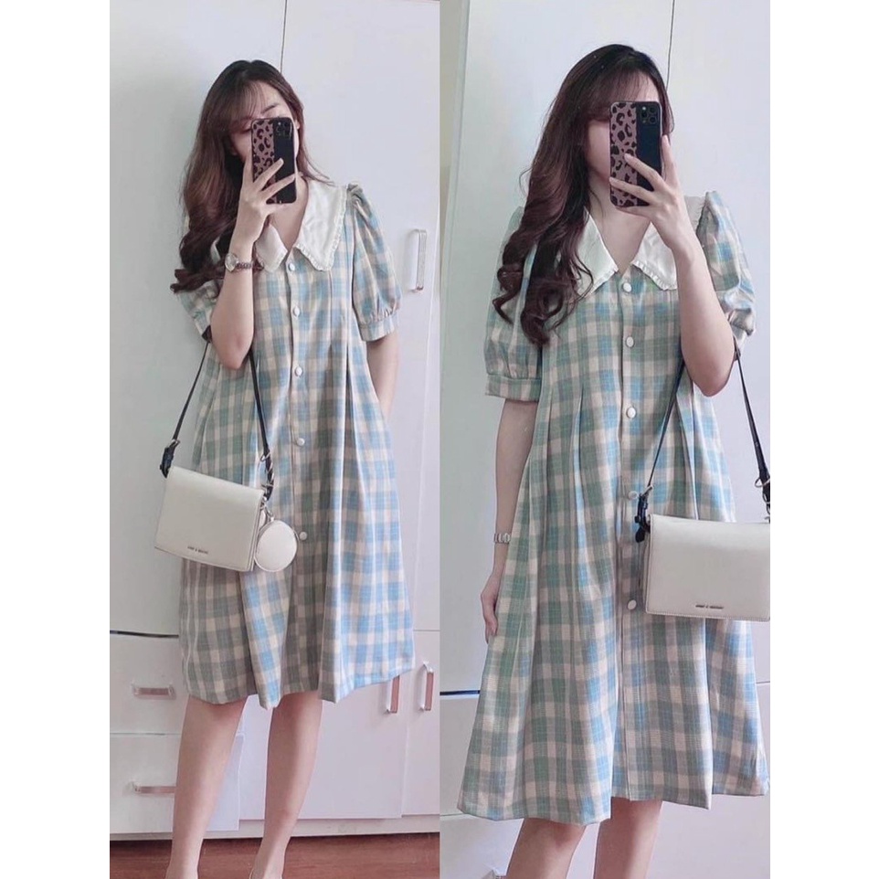 Váy đầm bầu kẻ cổ bèo cách điệu thanh lịch big size cho bầu và sau sinh