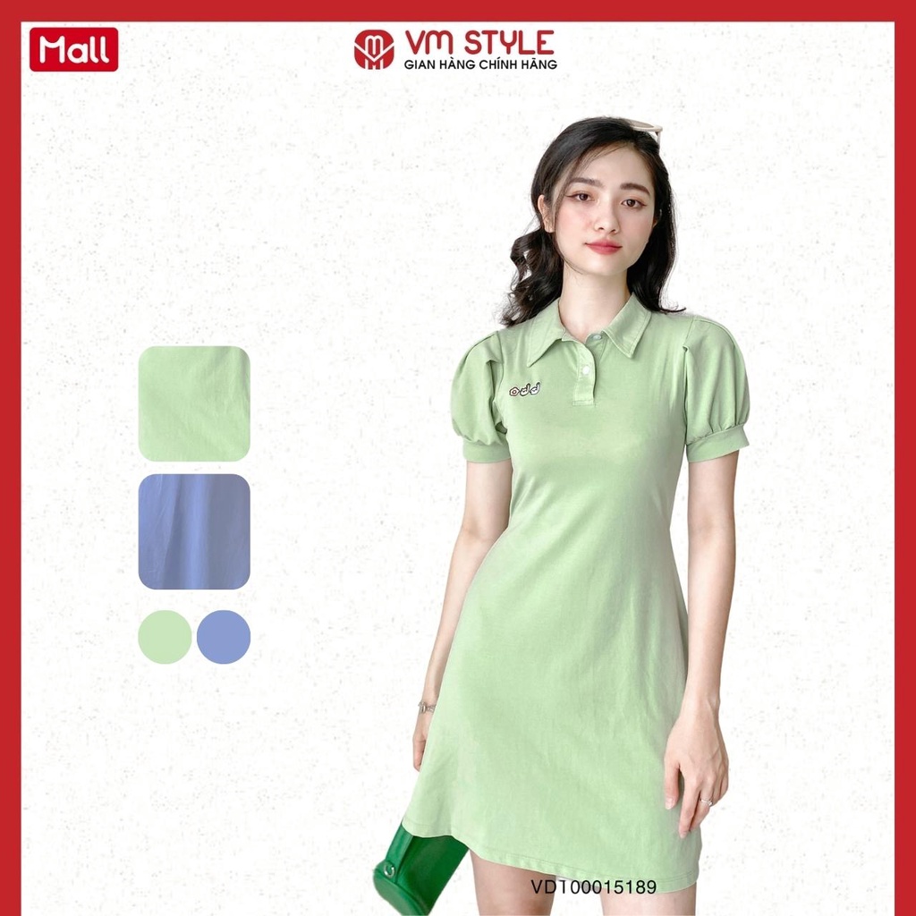 Đầm thun nữ VMSTYLE dáng chữ A ngắn tay phồng cổ bẻ phối dây cột sau3784 - VDT00015