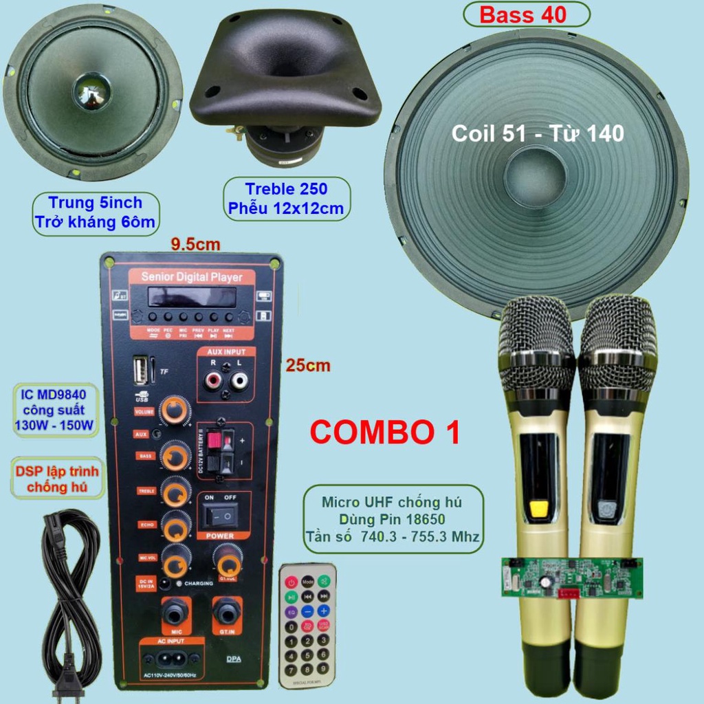 Mạch loa kéo 4 tấc đơn 3 đường tiếng DSP lập trình chống hú IC MD9840 9525 công suất 130W – 150W có nguồn xung 220V