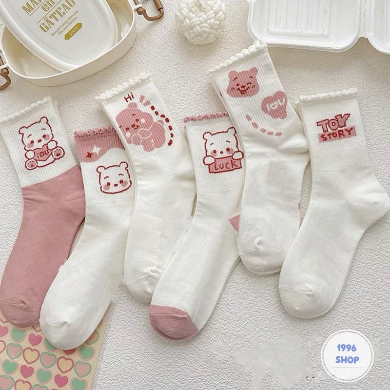Tất cao cổ, vớ nhún bèo hoạ tiết Gấu Hồng Cute phong cách Hàn Quốc-meimei.qc