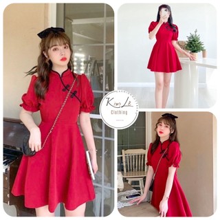 Đầm Xoè Cổ Tàu Dáng Ngắn Tay Phồng Nhẹ Nhàng Xinh Xắn Cho Các Nàng Diện Tết Chất: Umi Freesize <53kg
