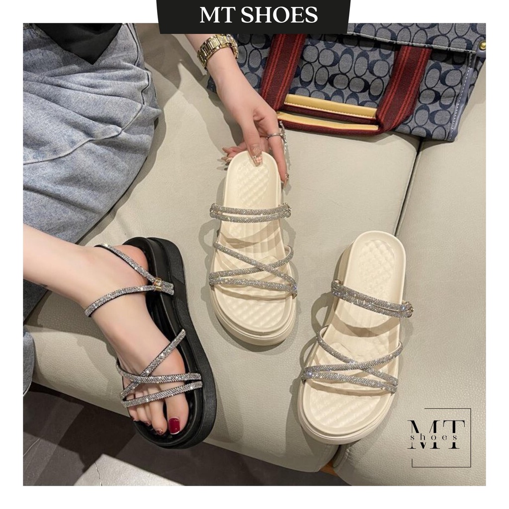 Dép sandal quai mảnh đính đá cao 4-5P đế đúc mềm nhẹ Full box xịn xò như hình mang được 2 kiểu dành cho nữ