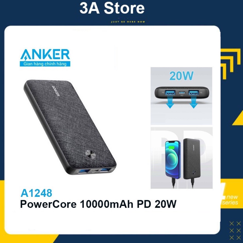 Sạc pin dự phòng Anker 10000mAh sạc nhanh 20W PD bọc vải Metro - A1248 3 Cổng (1Type C - 2 USB) 3astore