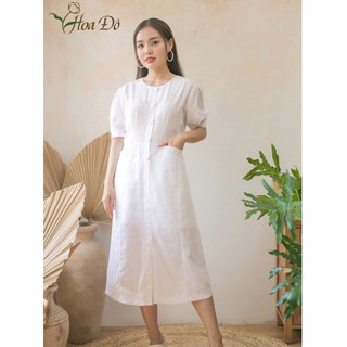 Đầm Linen Tay Bầu 2 Túi Trước Thời Trang Hoa Đô Nữ Tính Thanh Lịch Màu Kem HD3024