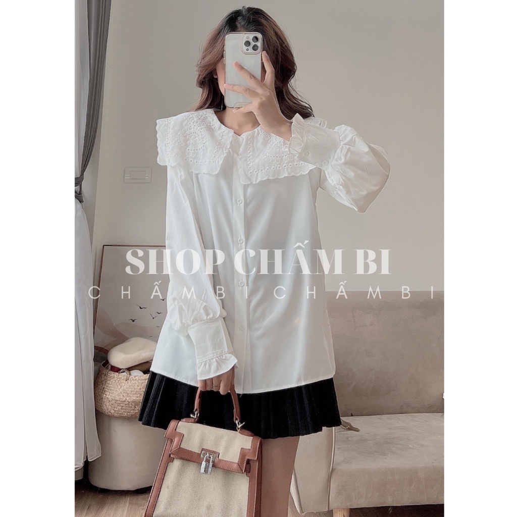 Áo sơ mi nữ tay dài A.430, Áo sơ mi trắng cổ thuỷ thủ ren tay bo cài cúc vintage cực xinh - Shop Chấm Bi