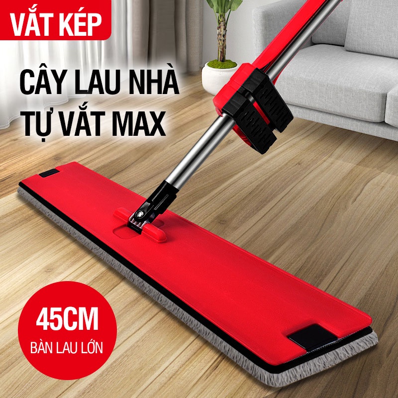 Cây lau nhà tự vắt Kitimop-RedMax bàn lau lớn 45cm, hệ thống vắt kép, thanh thép chống gỉ, khớp xoay 360 độ, 2 bông lau