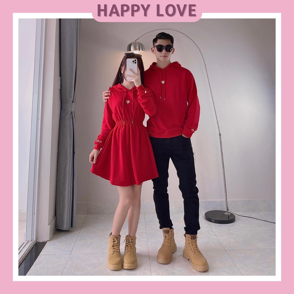 Đồ đôi nam nữ áo hoodie cặp màu đỏ HAPPYLOVE set áo nam đầm hoodie nữ thêu trái tim H018