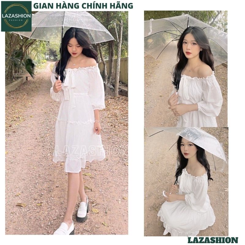 Váy babydoll trễ vai dài tay nơ trắng chất thô mềm điệu đà, đầm dáng xoè tay phồng siêu xinh kiểu dáng Hàn quốc - LAZA