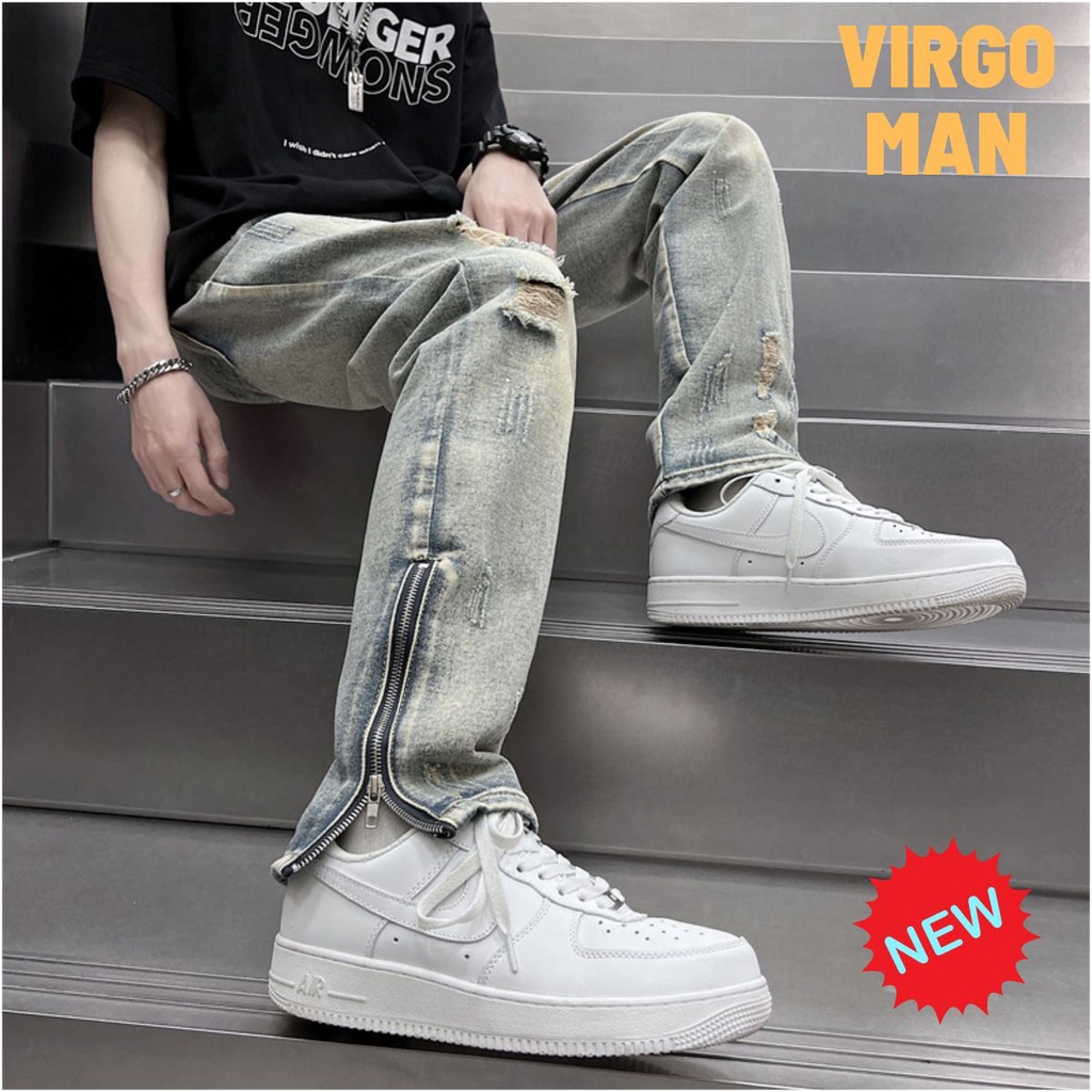 Quần bò nam rách ống rộng khóa kéo phong cách đường phố-VIRGO MAN-Quần jean baggy nam ống suông cá tính mới nhất