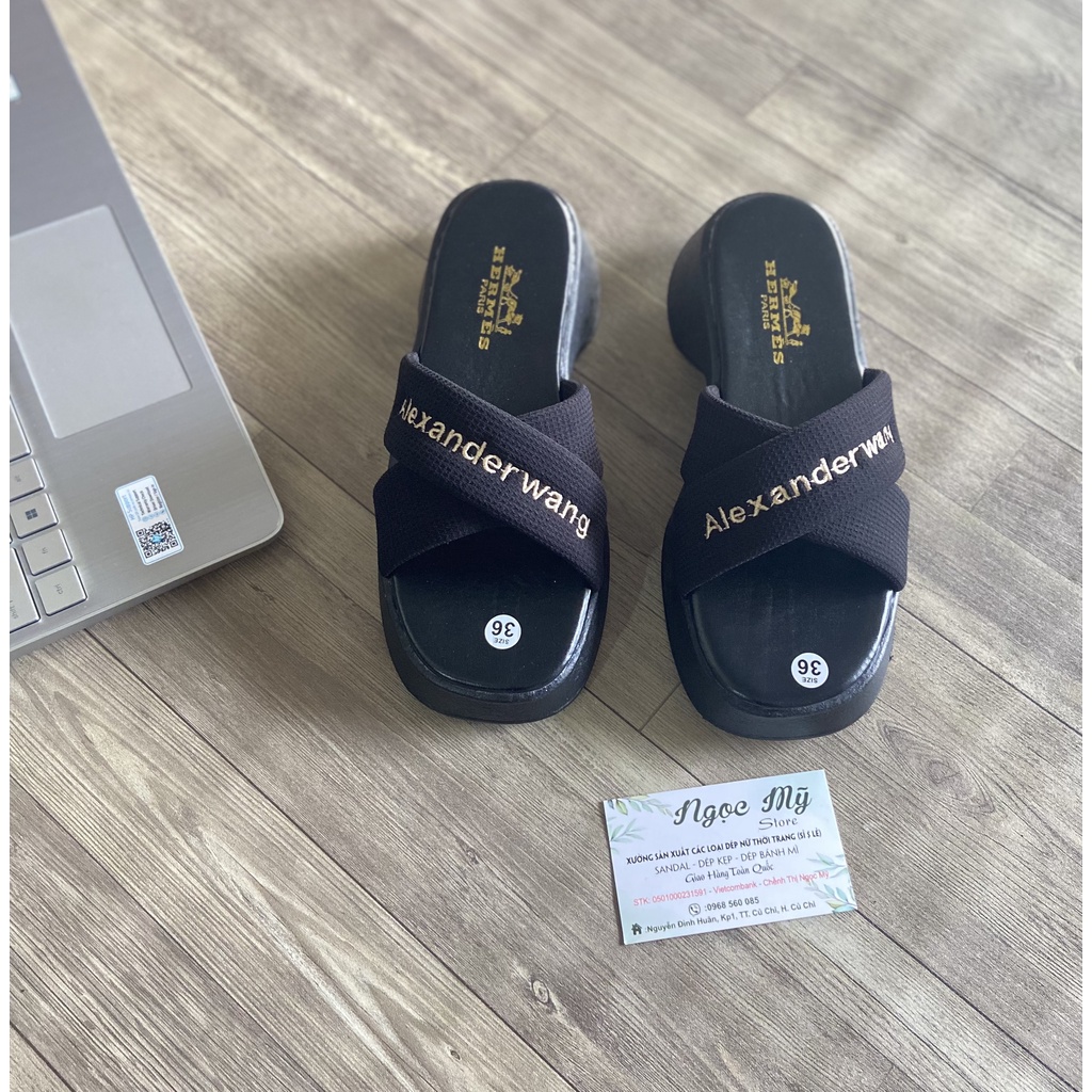 Dép bánh mì đế cao hot trend quai chéo vải thêu chữ trend mới siêu phẩm 2023