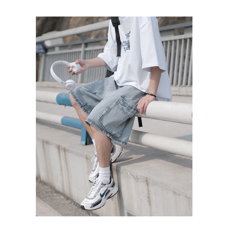 Kyushuad | Quần Short denim Túi Hộp Phong Cách retro Cho Nam