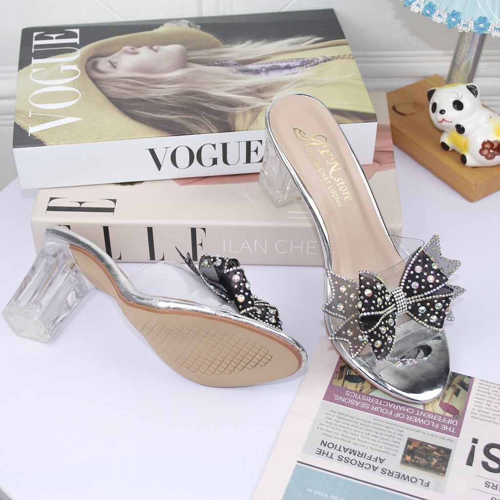 Giày cao gót vuông trong 7p/9p quai bản trong kết nơ đính đá pha lê G22 - kèm ảnh thật