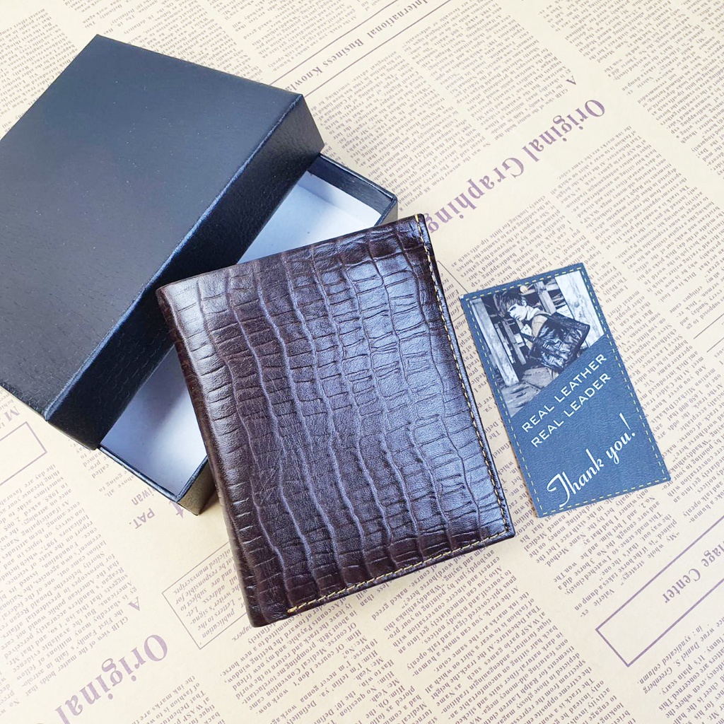 Ví nam da bò thật 100% vân cá sấu MN123  – Nâu sẫm - BH 3 năm