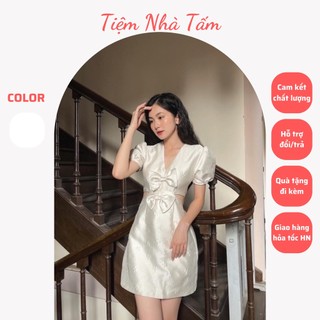 Váy tay bồng tiểu thư phối nơ cổ chữ V khoét eo