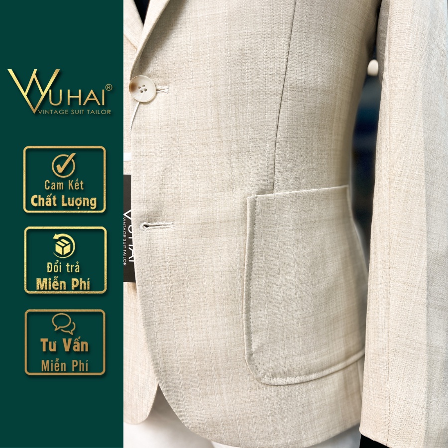 Áo Khoác Vest Màu Kem Nhạt, Chất Liệu Xatin Xước 2 Cúc, Túi Ốp Trẻ Trung-VuHai