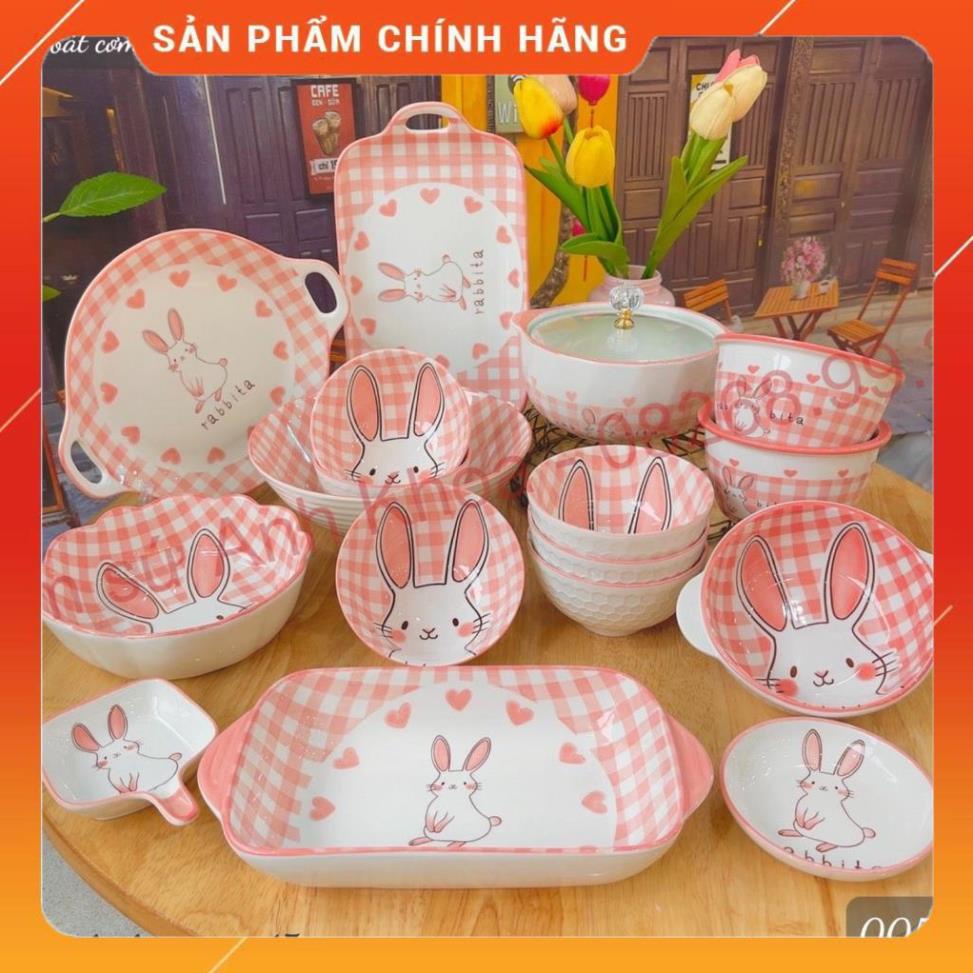 Siêu Sale - Chén Dĩa Dễ Thương Đĩa Sứ Set Bát Đĩa Decor Bát Ăn Cơm Chén Sứ Đẹp Bát Cơm Sét 17 món thỏ caro xinh yêu