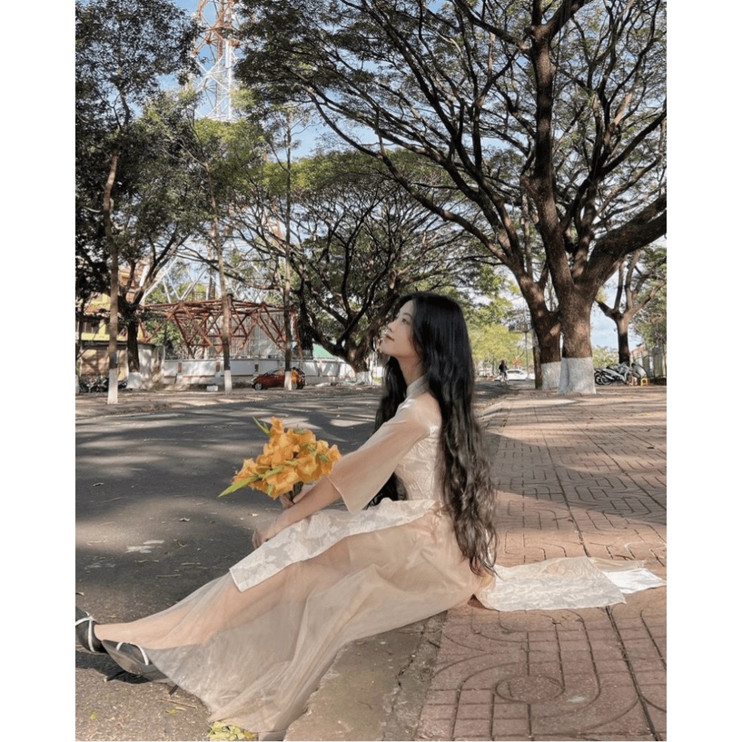 Áo dài cách tân áo dài tết tay lỡ chât tơ voan phối áo dài tết thời trang mùa xuân