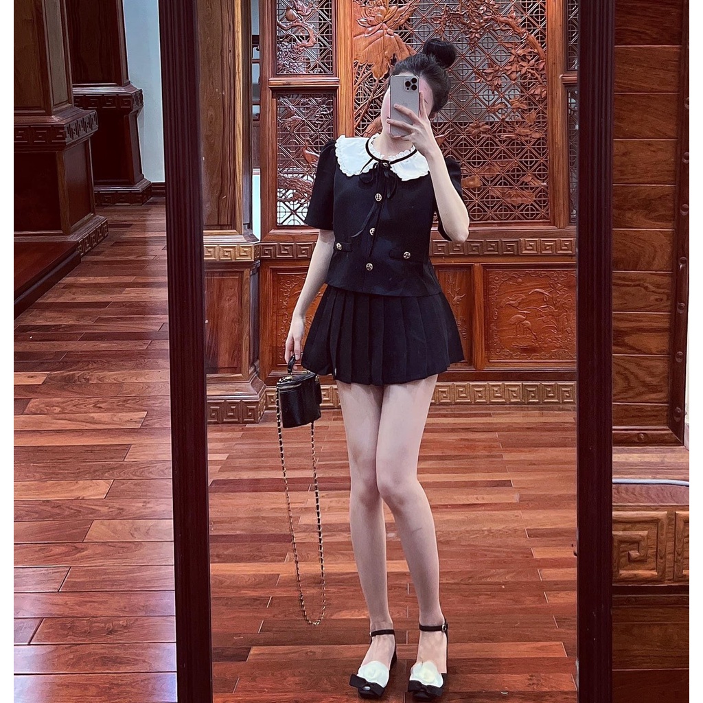 Set váy áo croptop cổ sơ mi mix chân váy dập ly tiểu thư,set đồ nữ kiểu hàn cao cấp