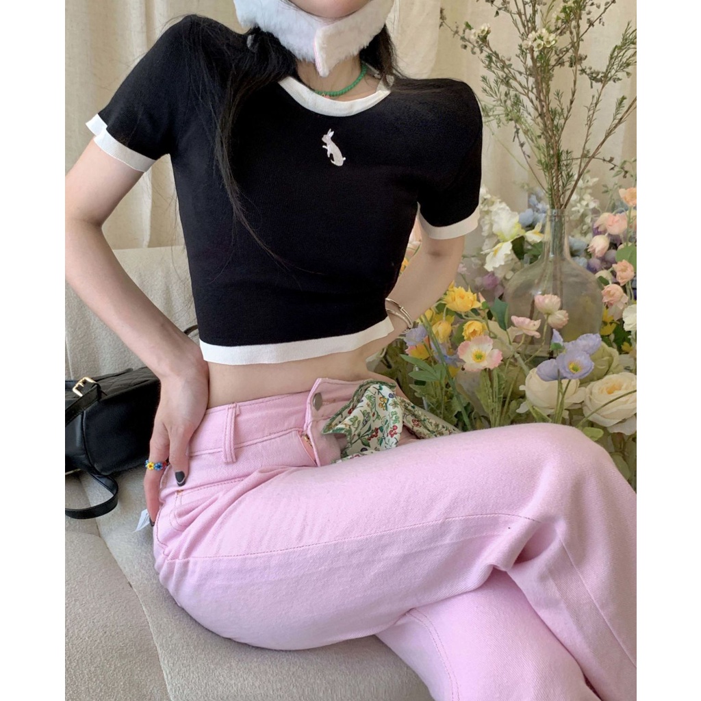 Lalisas Áo Croptop Dệt Kim Tay Ngắn Cổ Tròn Thời Trang Hàn Quốc vintage Quyến Rũ Cho Nữ