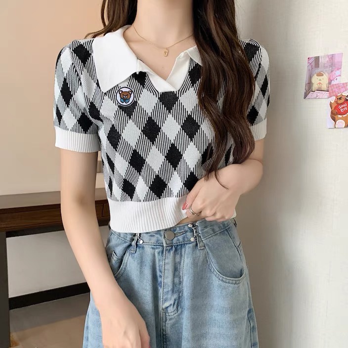 Áo polo caro len mongtogi nữ tay ngắn kiểu cổ bẻ bo gấu vải dệt kim co giãn hàng đẹp thời trang Quảng Châu cao cấp