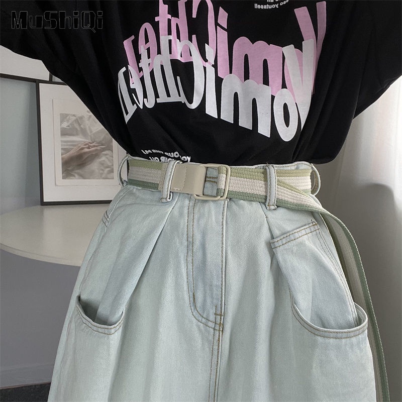 Mushiqi Thắt Lưng Vải denim Kẻ Sọc Nhiều Màu Đa Năng Có Khóa Đôi Cho Nữ Sinh
