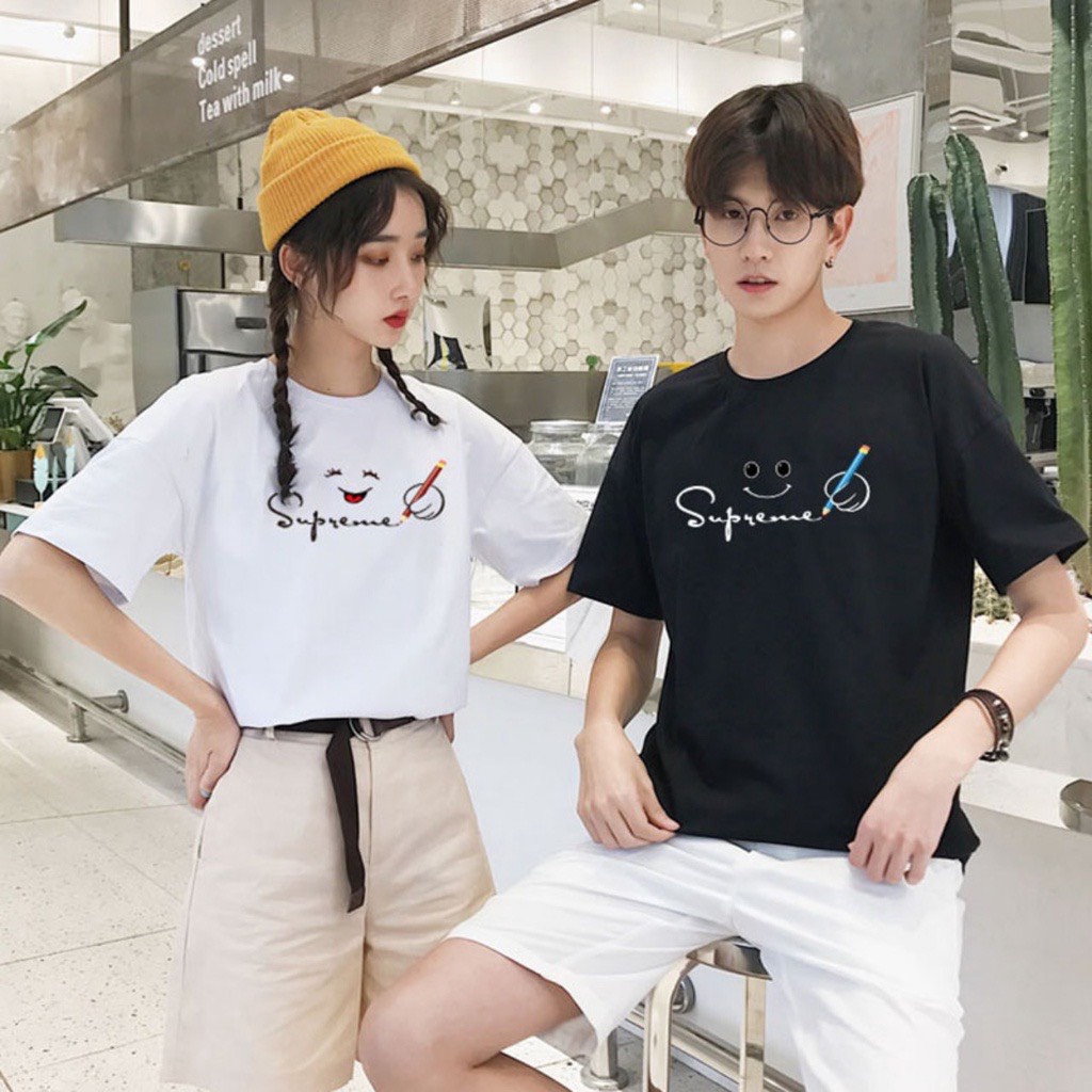 Áo đôi nam nữ, áo thun cặp in chữ supreme chất cotton thoáng mát thấm hút tốt