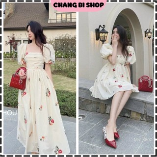 Váy maxi - Đầm hoa nhí cổ vuông xếp ly ngực tay bồng tiểu thư dáng dài Hottrend 2023 Chang Bi Shop