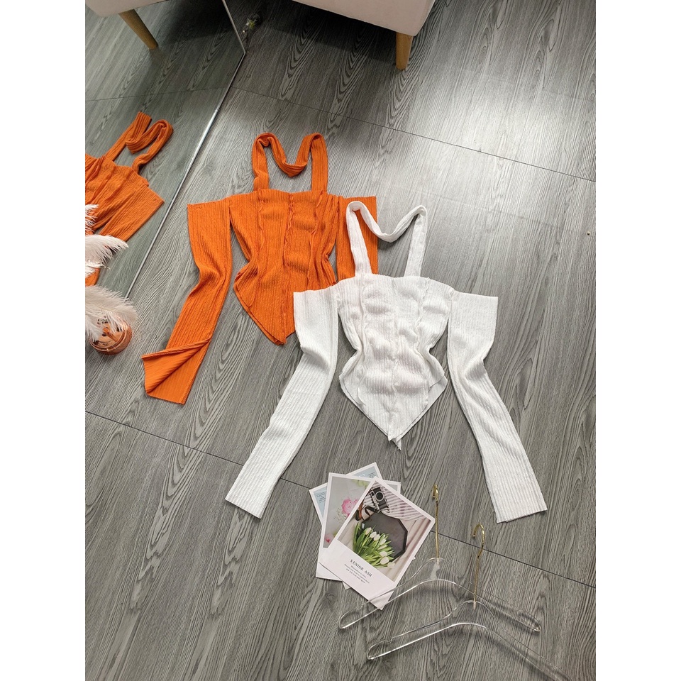 Áo thun nữ đi chơi tay dài trễ vai chất thun xốp mềm dáng ngắn phối dây choàng cổ kiểu tà nhọn xinh hot