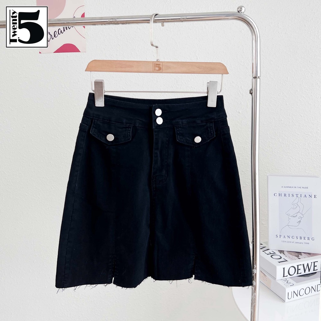 Chân váy jeans chữ A ngắn xẻ đùi cạp 2 cúc co dãn gấu cắt tua rua Twentyfive 4533